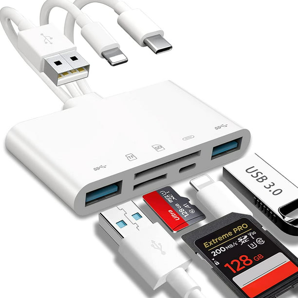 Lector de tarjetas de memoria cinco en uno, adecuado para iPhone/iPad  Adaptador USB OTG y lector de tarjetas SD, dispositivos USB C y USB A con  tarjeta Micro SD y ranura para