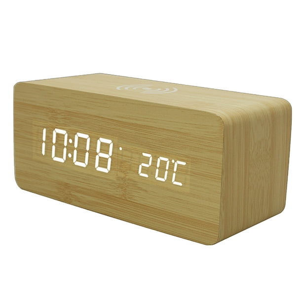 JALL Reloj despertador digital de madera con carga inalámbrica, regulable,  volumen ajustable, 3 alarmas, modo día de la semana/fin de semana