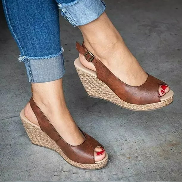 Zapatos de mujer Casual Hebilla Tacón de cuña alta Peep Toe Color sólido Sandalias de moda retro Wmkox8yii sa3643 | Bodega Aurrera en