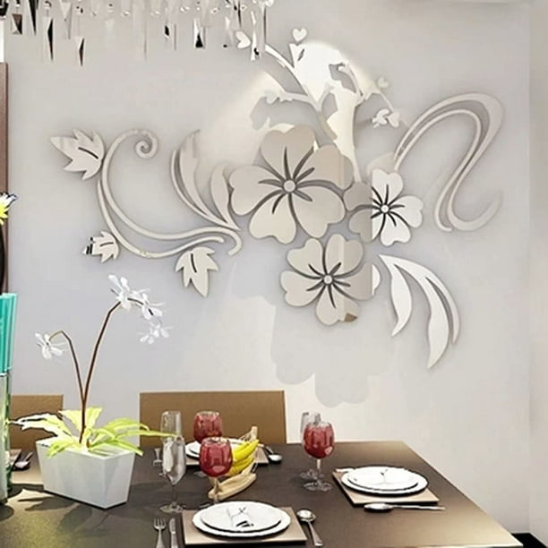 Adhesivos de pared con espejo de flores 3D, decoración de pared para sala  de estar, calcomanías de espejo para paredes, decoración del hogar
