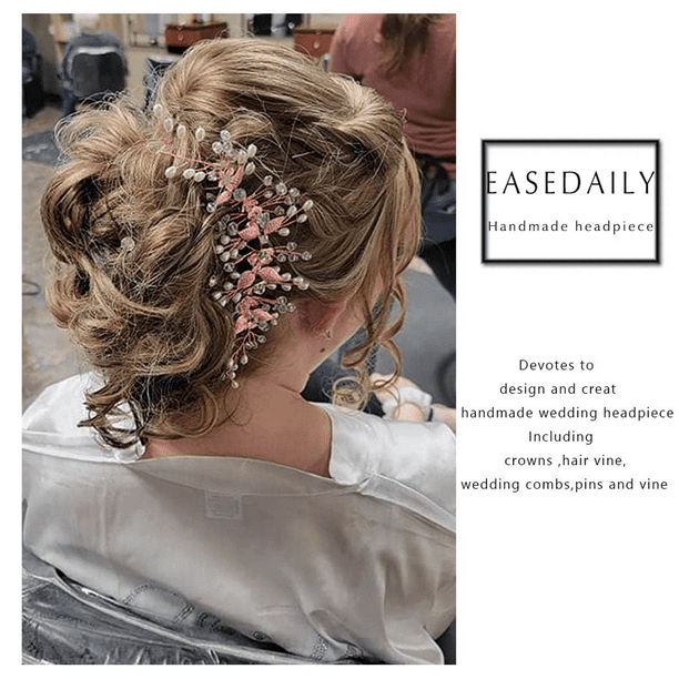 Easedaily Diadema para el cabello de novia, boda, vid, hojas de flores,  tocados de perlas, accesorios de pelo de novia de cristal para mujeres y