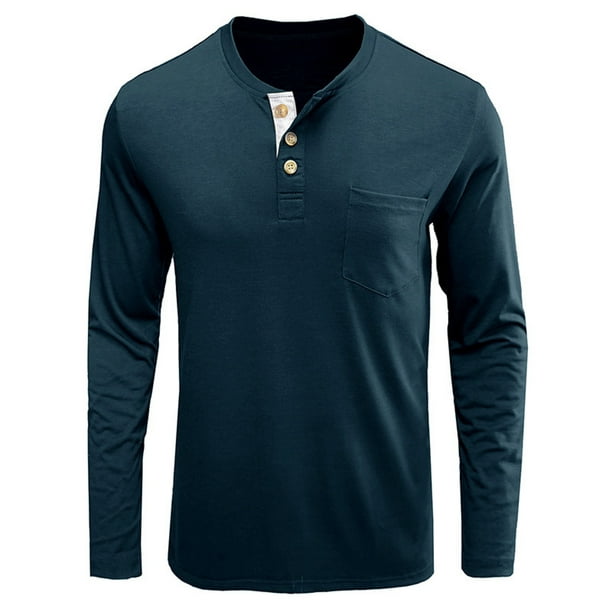 Camiseta informal de cuello redondo para hombre, camiseta sólida de manga  larga con botones de bolsillo, camisetas deportivas Pompotops oipoqjl34716