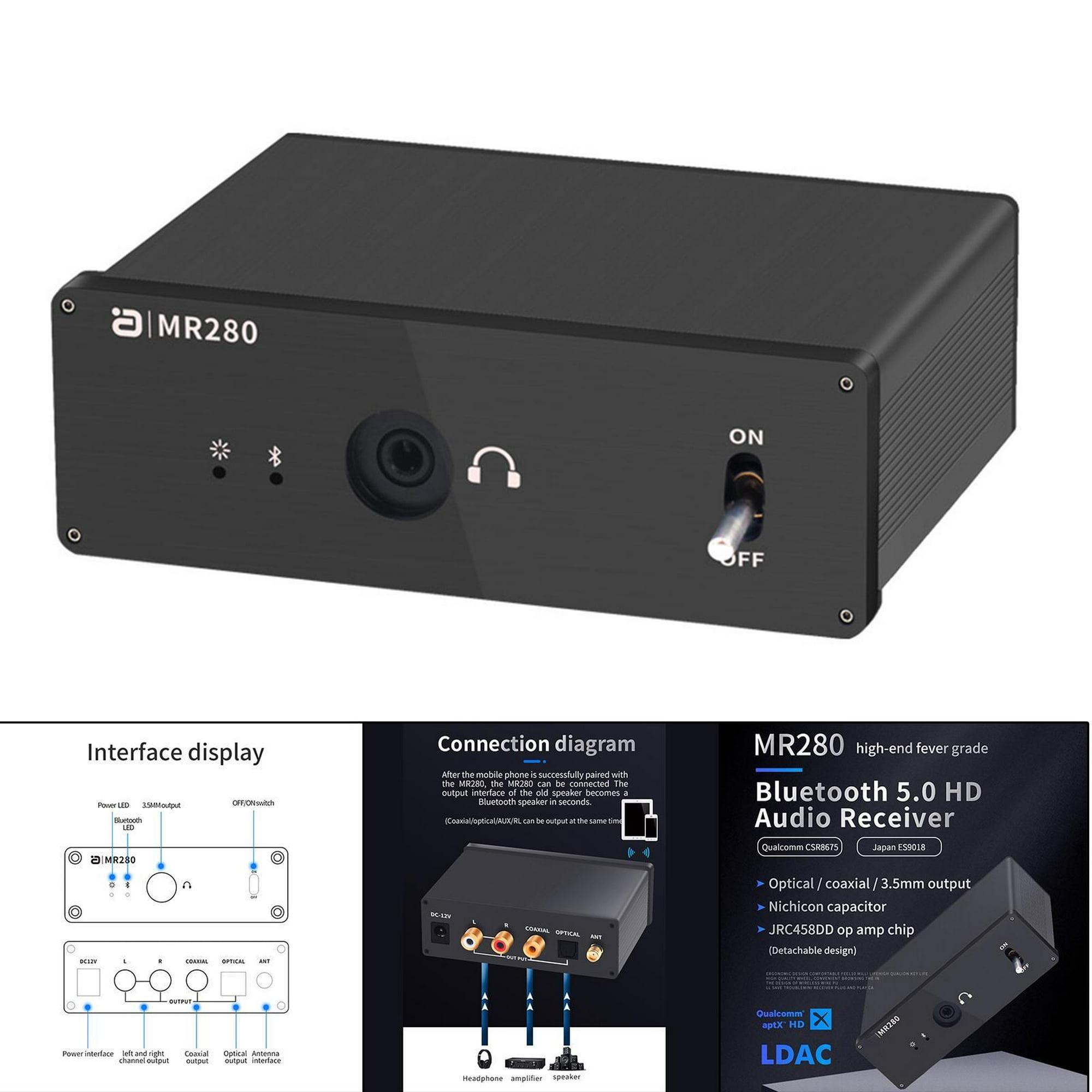  Receptor Bluetooth HiFi AUX salida coaxial óptica adaptador de  sonido inalámbrico para reproductor de CD de TV : Electrónica