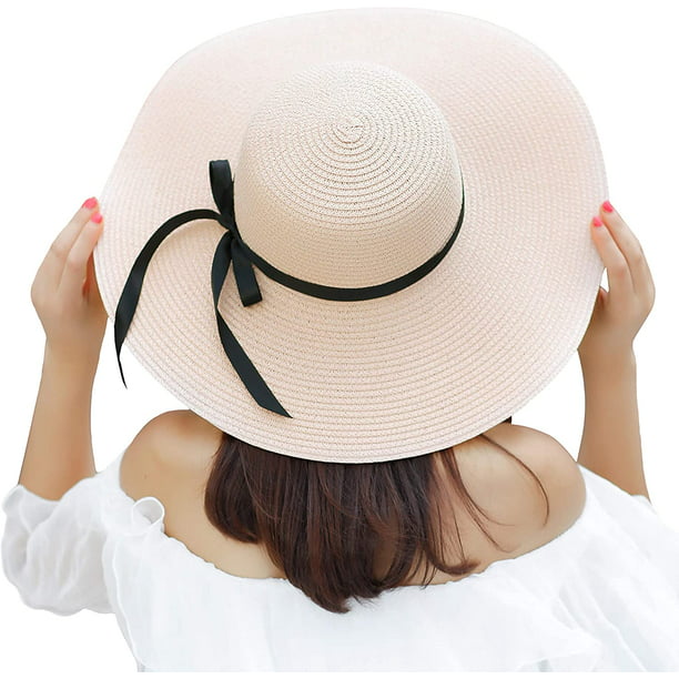 Sombrero para el sol de paja de ala ancha para mujer, gorra enrollable  plegable con protección solar UPF 50+, sombreros de playa de verano  Ormromra CZMR-YX33-5