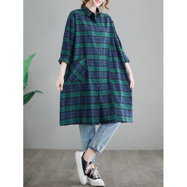 Vestido De Camisa Con Botones En La Parte Delantera Y Estampado A Cuadros,  Vestido Casual De Manga Larga Con Cuello, Ropa De Mujer