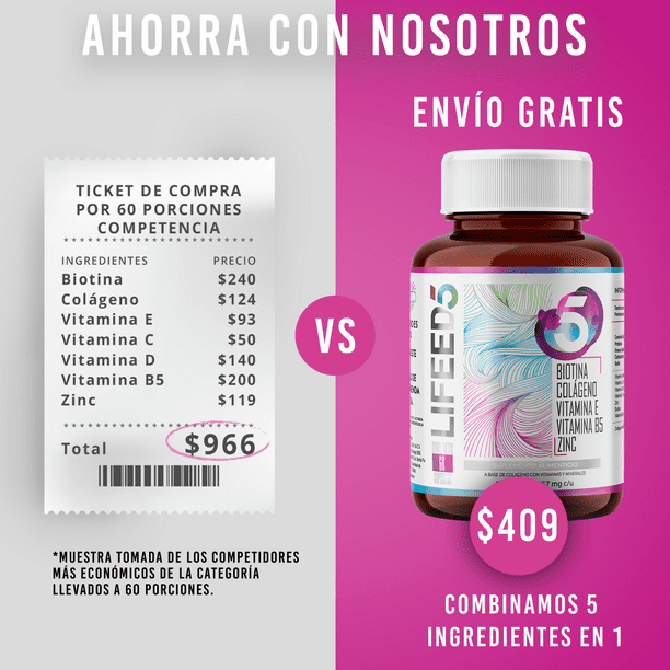 Vitaminas para Cabello Biotina Colageno Hidrolizado Vitamina E Vitamina B5  Vitamina C Zinc 60 dias e LIFEED5 HAIR SKIN NAILS | Walmart en línea