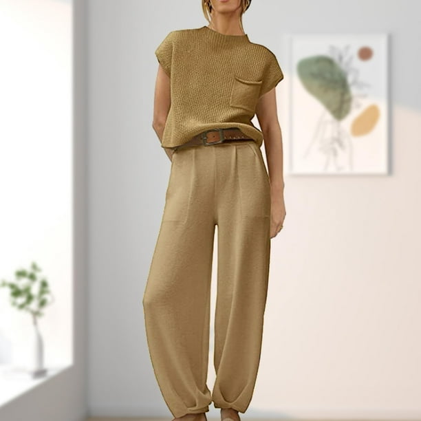 Pantalones Blusas de mujer Tops + Pantalones Moda de punto Sin mangas +  Pantalones Trajes (Caqui M) Ygjytge Caqui T M para Mujer