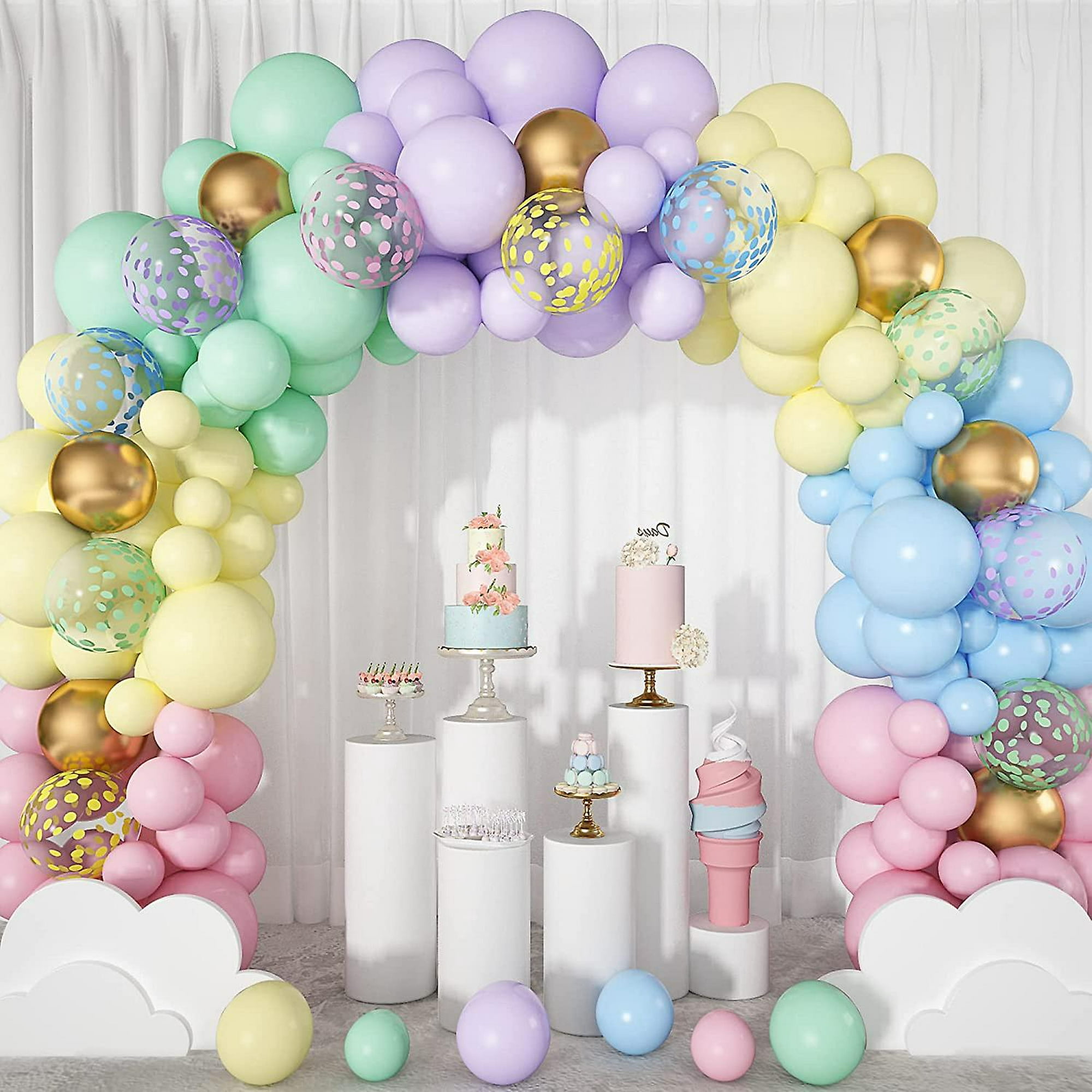 Kit de guirnalda de globos en colores pastel, arco de globos de unicornio y  macarrón arcoíris, 135 piezas de globos de confeti dorados coloridos para  cumpleaños en colores pastel, baby shower, bo