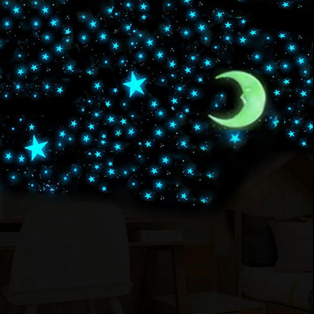 Estrellas y luna que brillan en la oscuridad para techo, estrellas  luminosas y calcomanía de pared de luna, para decoración de pared de  habitaciones infantiles, estrellas fluorescentes adhesivas JAMW Sencillez