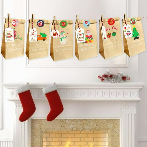 Bolsas de regalo de papel Kraft para Navidad, bolsitas de regalo de diseño  navideño, bolsas de papel para dulces de Navidad con 24 etiquetas adhesivas