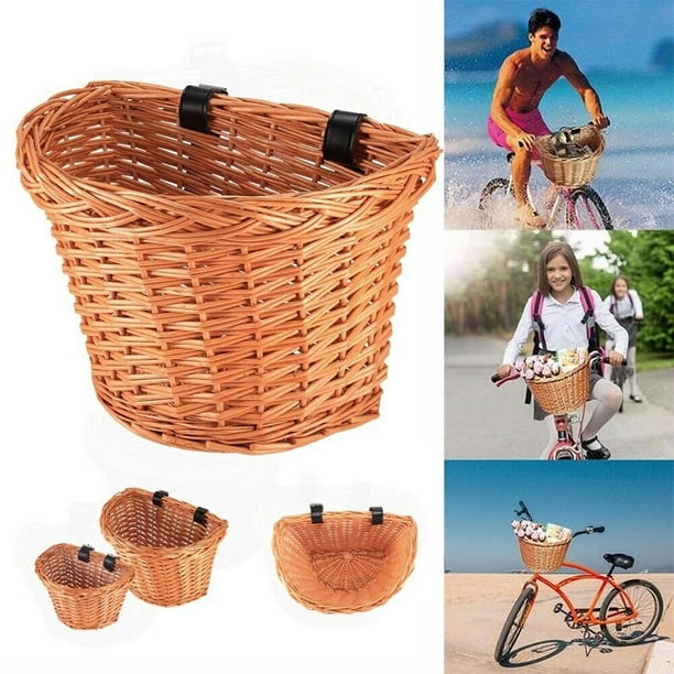 Cesta de bicicleta, cesta de bicicleta tejida a mano con correas de cuero  ajustables, manillar delantero de mimbre, cesta de almacenamiento para