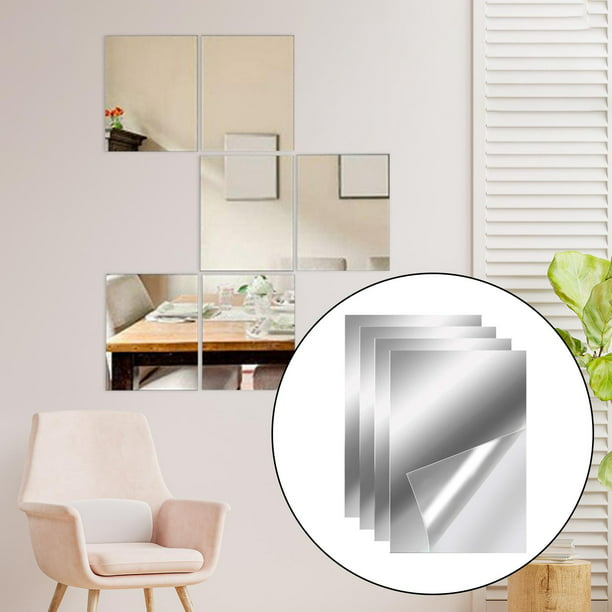 Adhesivo de pared de espejo de cuerpo completo, 4 calcomanías de pared de  espejo acrílico cuadrado extraíble, espejo de tocador flexible sin vidrio
