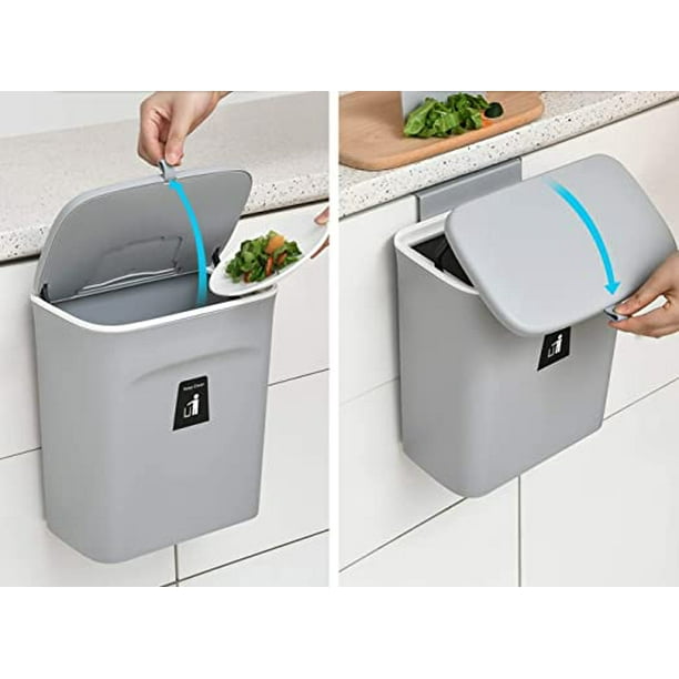 Cubo de basura colgante pequeño de 3.2 galones/12L con tapa para puerta de  armario de cocina o debajo del fregadero, cubo de basura de baño con tapa