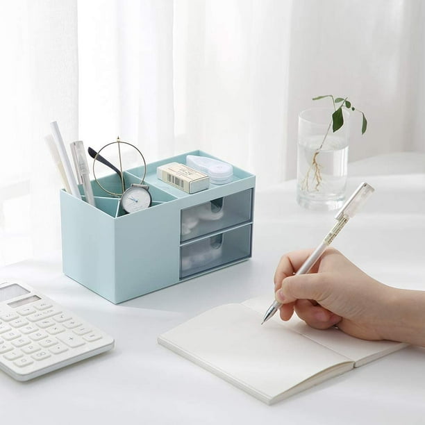 Organizador de escritorio con 2 cajones, soporte para lápiz para  escritorio, organizador de suministros de escritorio para oficina y hogar  (blanco)