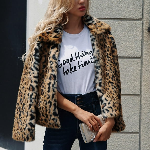 Abrigo piel sintética para mujer Chaqueta de punto cálida con estampado de leopardo Irfora S | Walmart en línea