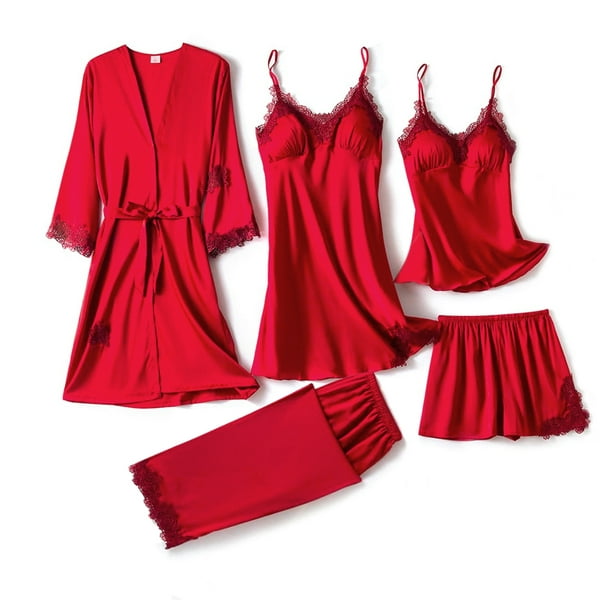  BIrty Conjunto de pijama sexy de seda para mujer, camisón de  seda sin mangas con bata fina con cordones, 2 piezas de camisón para el  hogar, Rojo - : Ropa, Zapatos