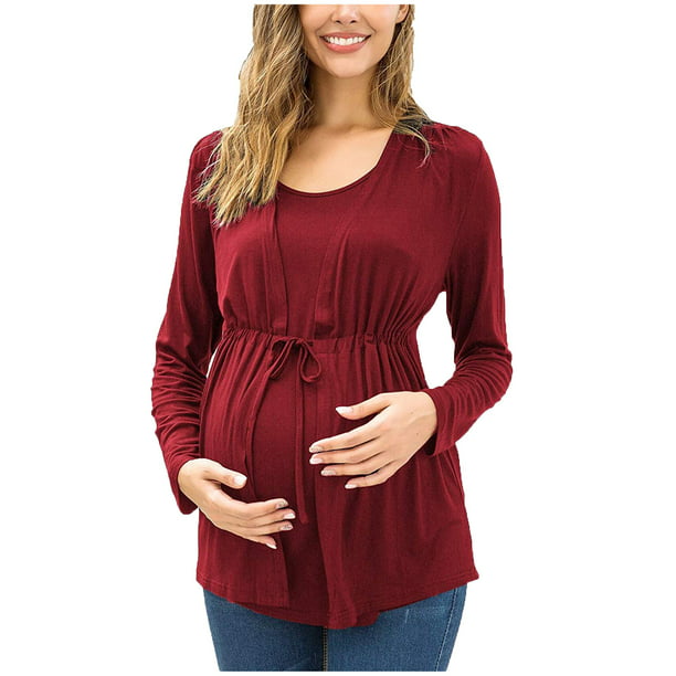 Mujeres Maternidad Camisas Embarazadas Enfermería Blusa Tops O-Cuello Manga  Larga Vendaje Lactancia Materna Odeerbi ODB123183