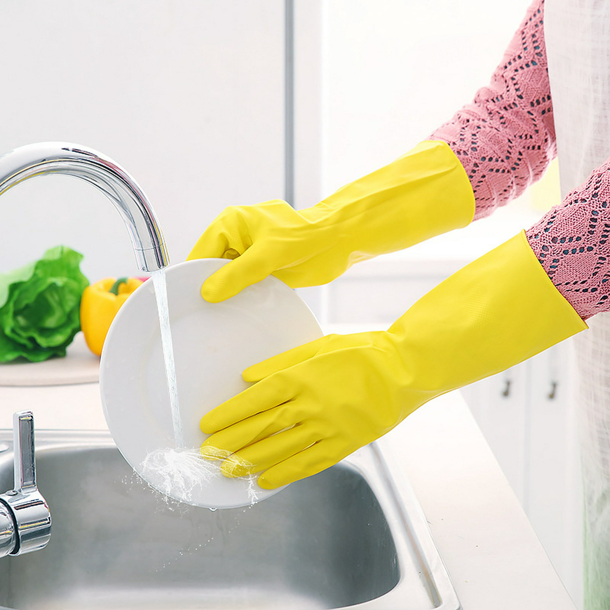 Guantes de goma para lavar platos para cocina, 2 pares de guantes de  limpieza impermeables y reutilizables para el hogar y agarre antideslizante