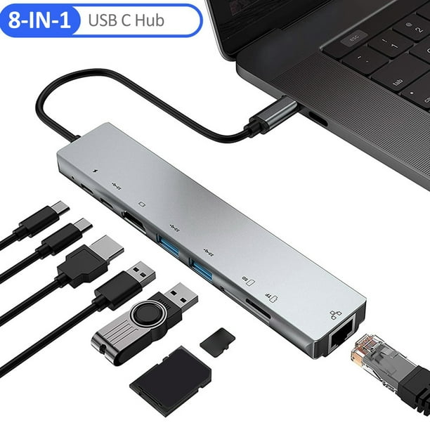 Adaptador multipuerto USB C Hub Ethernet, estación de acoplamiento USB C 8  en 1 4K HDMI, 100 W PD, 3 USB 3.0, 1 Gbps LAN USB C Dongle, lector SD/TF