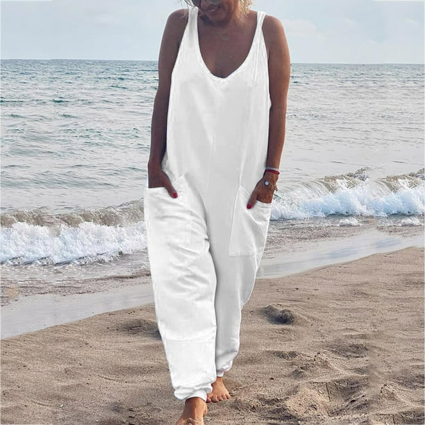 Elegante mono blanco de color sólido de verano para mujer, sin mangas,  cintura alta, pantalones sueltos casuales (color blanco, tamaño: pequeño)