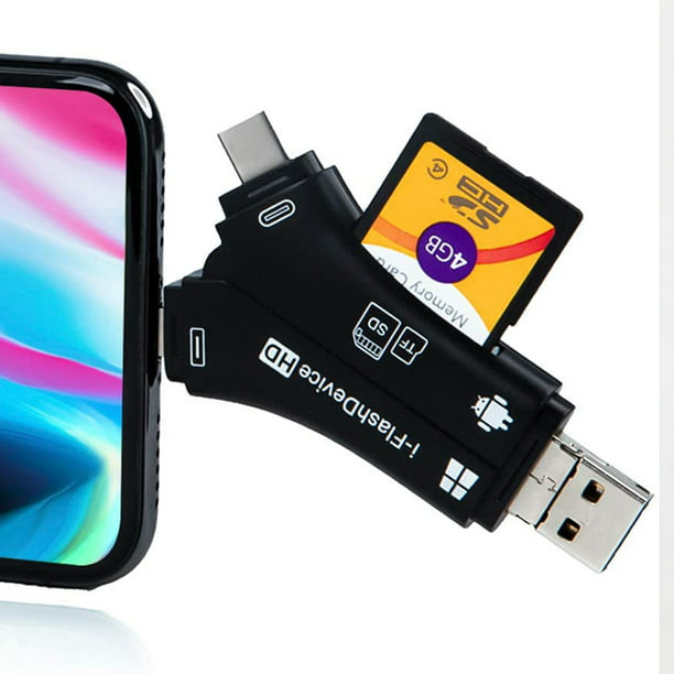 Lector de tarjetas SD para iPhone, adaptador de cámara USB 4 en 1 USB  hembra OTG adaptador para tarjeta SD/TF, lector de tarjetas de memoria