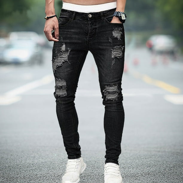 Pantalones vaqueros elásticos rasgados ajustados con bordado de motorista  para hombre Tan Jianjun unisex