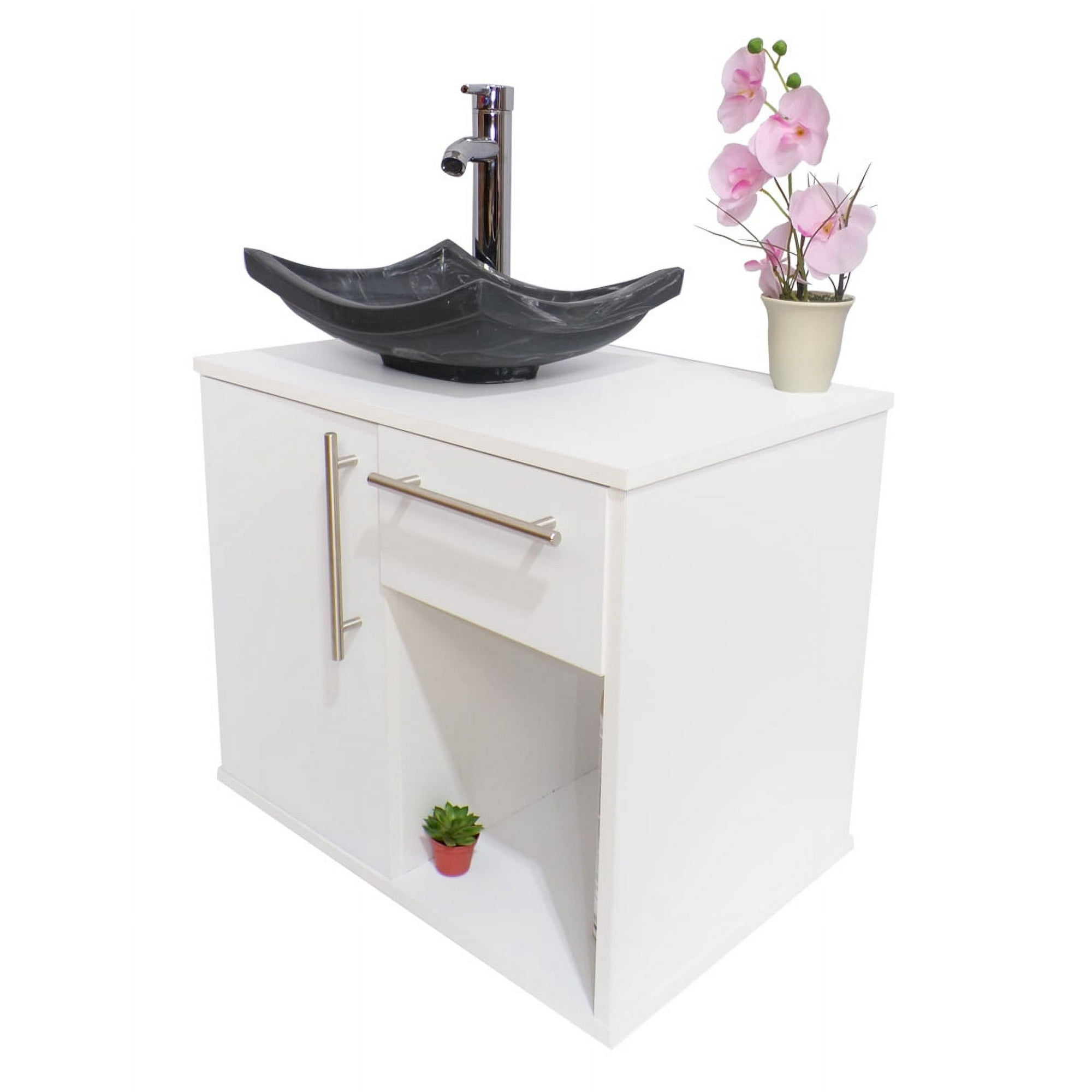 Gabinete para baño con puerta y cajón con lavabo y monomando (Blanco/Gris) decomobil gabinete 08