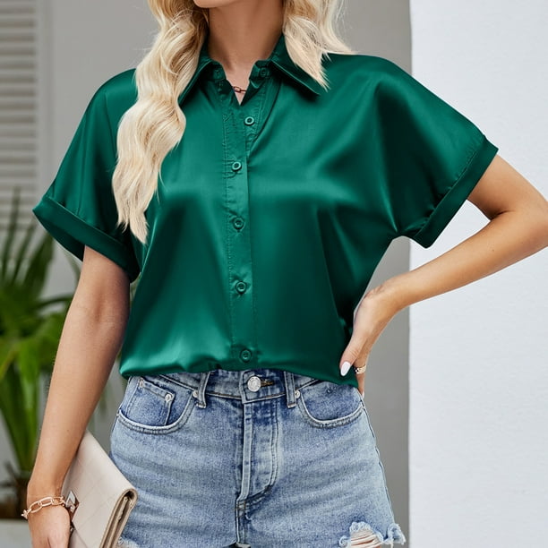 Camisas De Satén De Manga Corta Blusas de verano con botones de moda de  satén con solapa superior para mujer (verde S) Cgtredaw Para estrenar