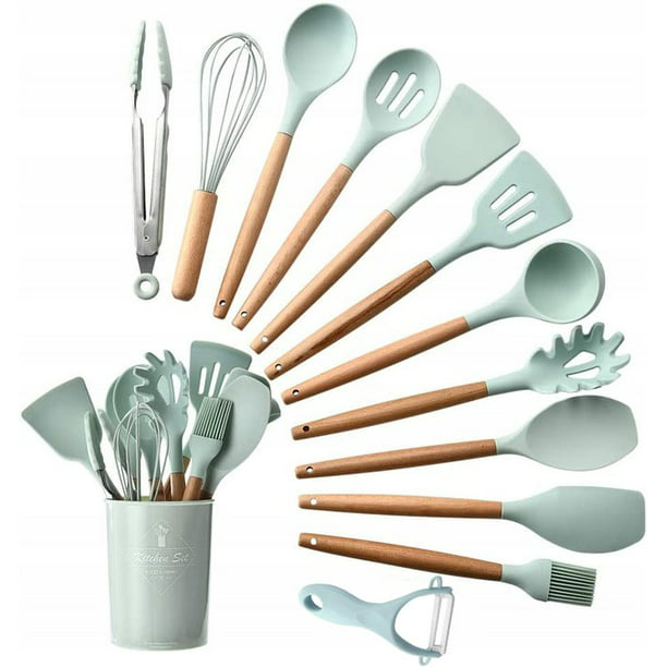 Utensilios de cocina Juego de utensilios de cocina antiadherentes con  rejilla de plástico Juego de utensilios de cocina de silicona (verde menta  JAMW