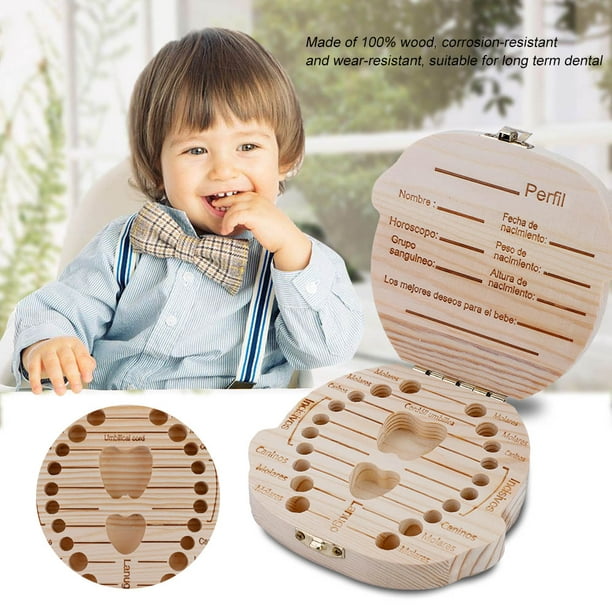 Versión en color Organizador de dientes de leche para bebés Almacenamiento  en caja de madera para dientes infantiles (Color Spanish Boy)