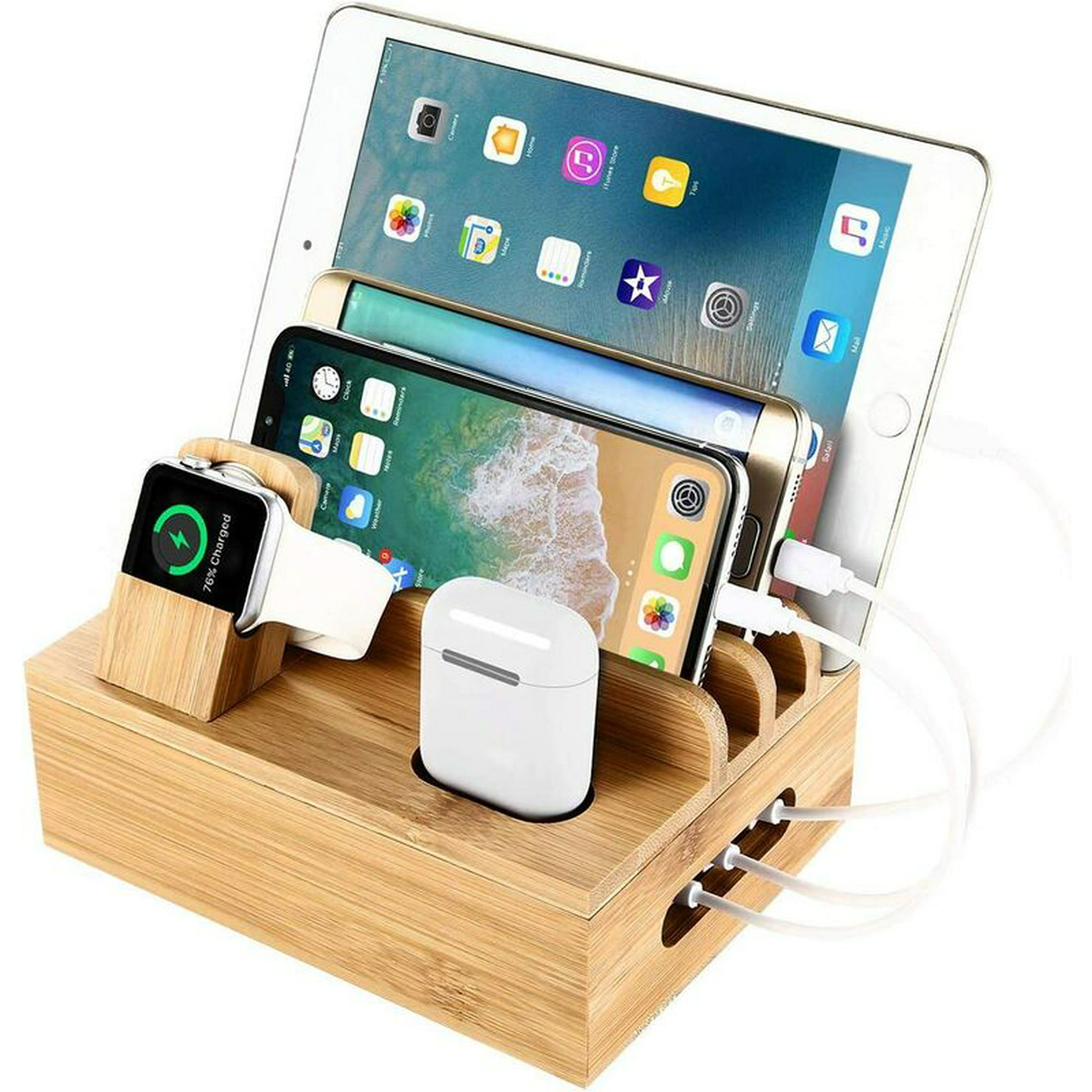 Estación de carga 3 en 1, soporte de cargador de madera para iPhone, iPad,  Apple Watch, AirPods, estación de acoplamiento de teléfono de madera