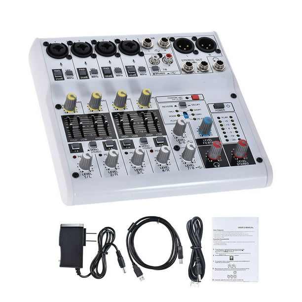 Mini mezclador de audio de 4 canales, placa de sonido, consola de música  Bluetooth, estéreo de alimentación con cable de alimentación