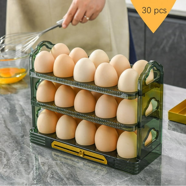 Paquete de 2 estantes plegables de almacenamiento de huevos de 3 niveles,  soporte para huevos para refrigerador, organizador de huevos transparente