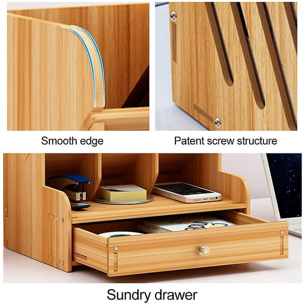 PAG organizador de escritorio de madera para materiales de oficina,  lapicero, soporte para accesorios de malla con cajón y 7 compartimentos,  marrón