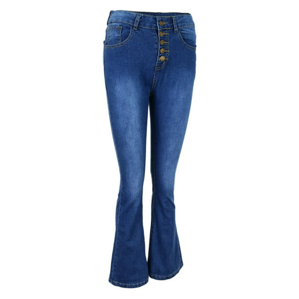 Jeans Blue Street Wear Jeans Cintura Alta Mujer Casual Slim Denim Pantalones  Acampanados S Photocolor : : Moda