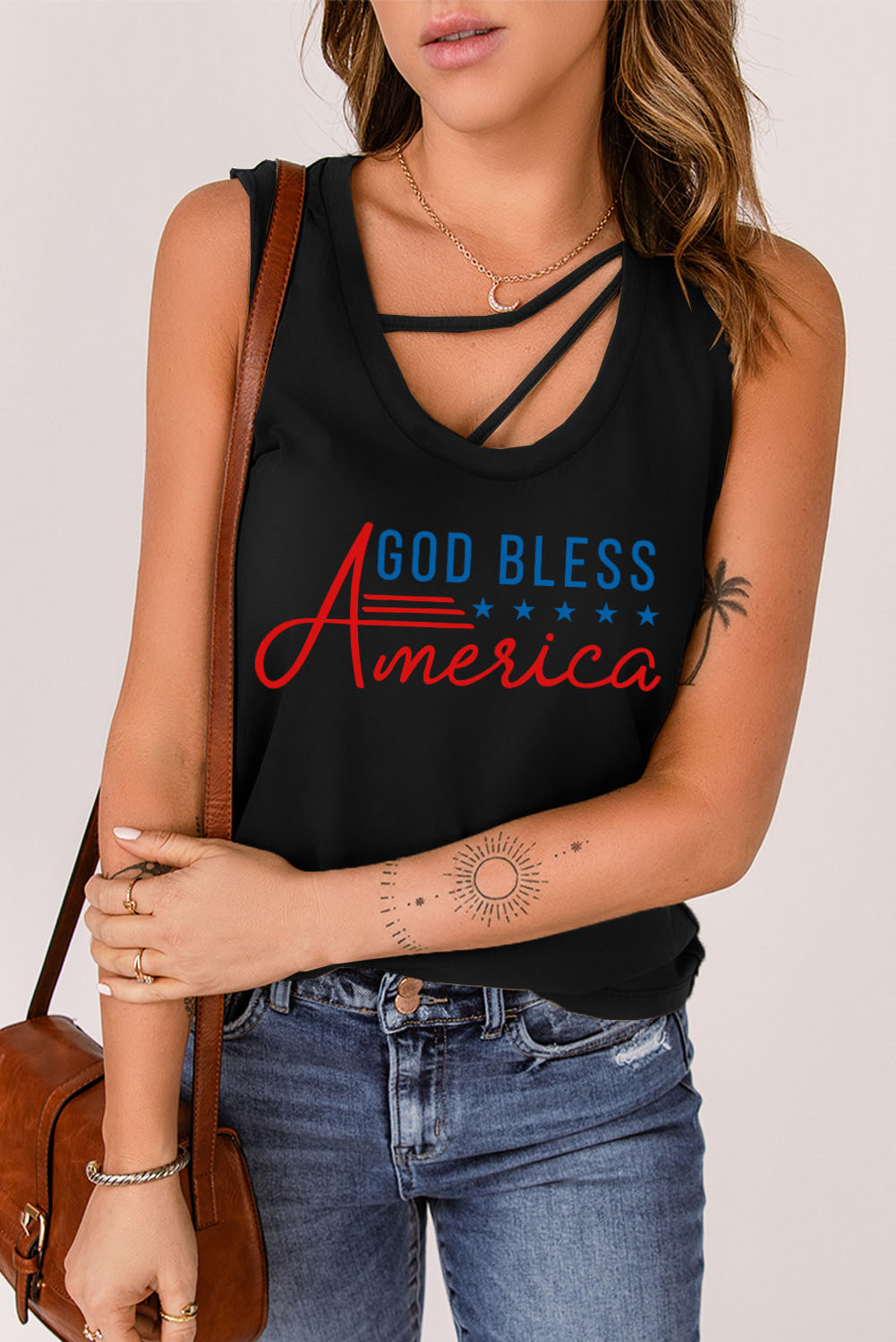 ABPHQTO Camiseta sin mangas negra con tiras y huecos GOD BLESS America  Graphic para mujer | Walmart en línea