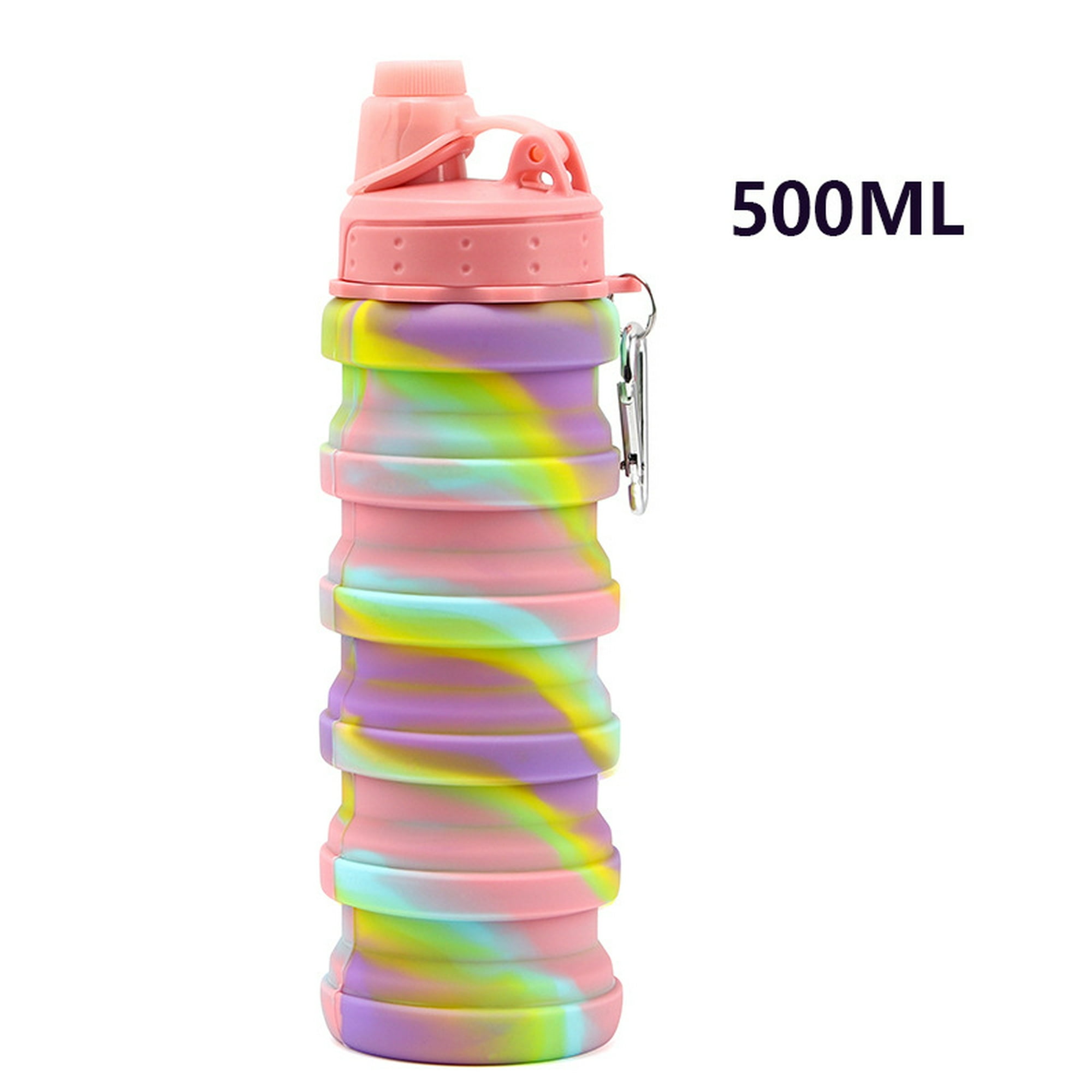 Botella plegable enrollable de 500ml, de silicona de grado alimenticio. Con  mosquetón.