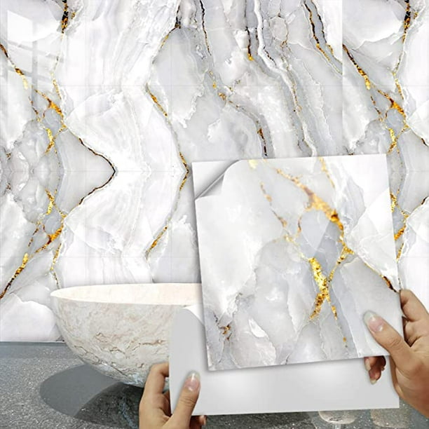 9 vinilos azulejos Efecto mármol con diamantes dorados - adhesivo pared -  sticker revestimiento - 30x30cm-9stickers10x10cm
