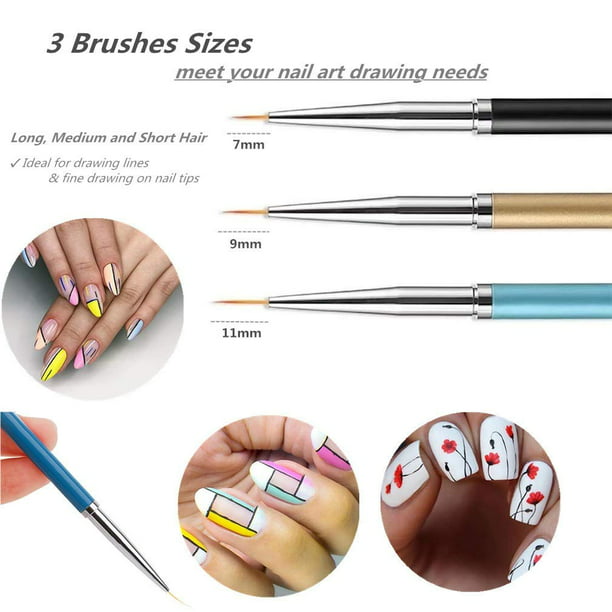 3 juegos de pinceles para uñas, pinceles de nailon para pintar uñas  acrílicas con gel UV, bolígrafo de dibujo para uñas (7/9/11 mm) Ormromra  WMPH-1036