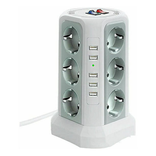 Torre de regleta de rayos y sobretensiones, regleta de alimentación con 5  puertos USB y 12 salidas, regleta de alimentación con 3 interruptores,  blanco