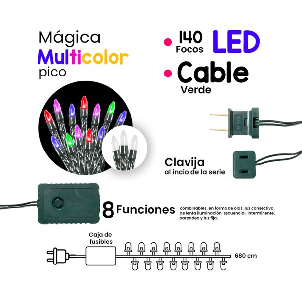 Serie de Luces Decorativa Luz Led Multicolor 150 Focos 8 funciones Cable  Transparente 2 m