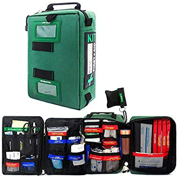 M2 BASICS Kit compacto de primeros auxilios de 150 piezas con mosquetón,  manta de emergencia | Bolsa de supervivencia médica | Lleno de suministros