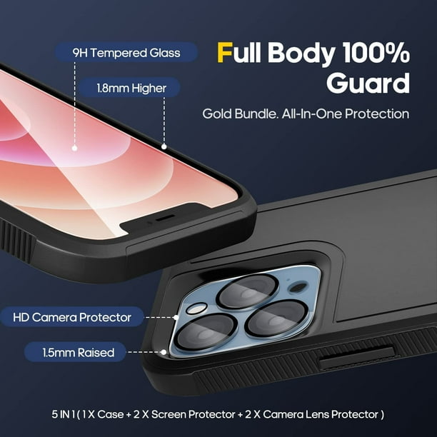 Funda para iPhone 14 con pantalla de vidrio templado + protector de lente  de cámara, resistente a prueba de golpes, para iPhone 14 de 6.1 pulgadas
