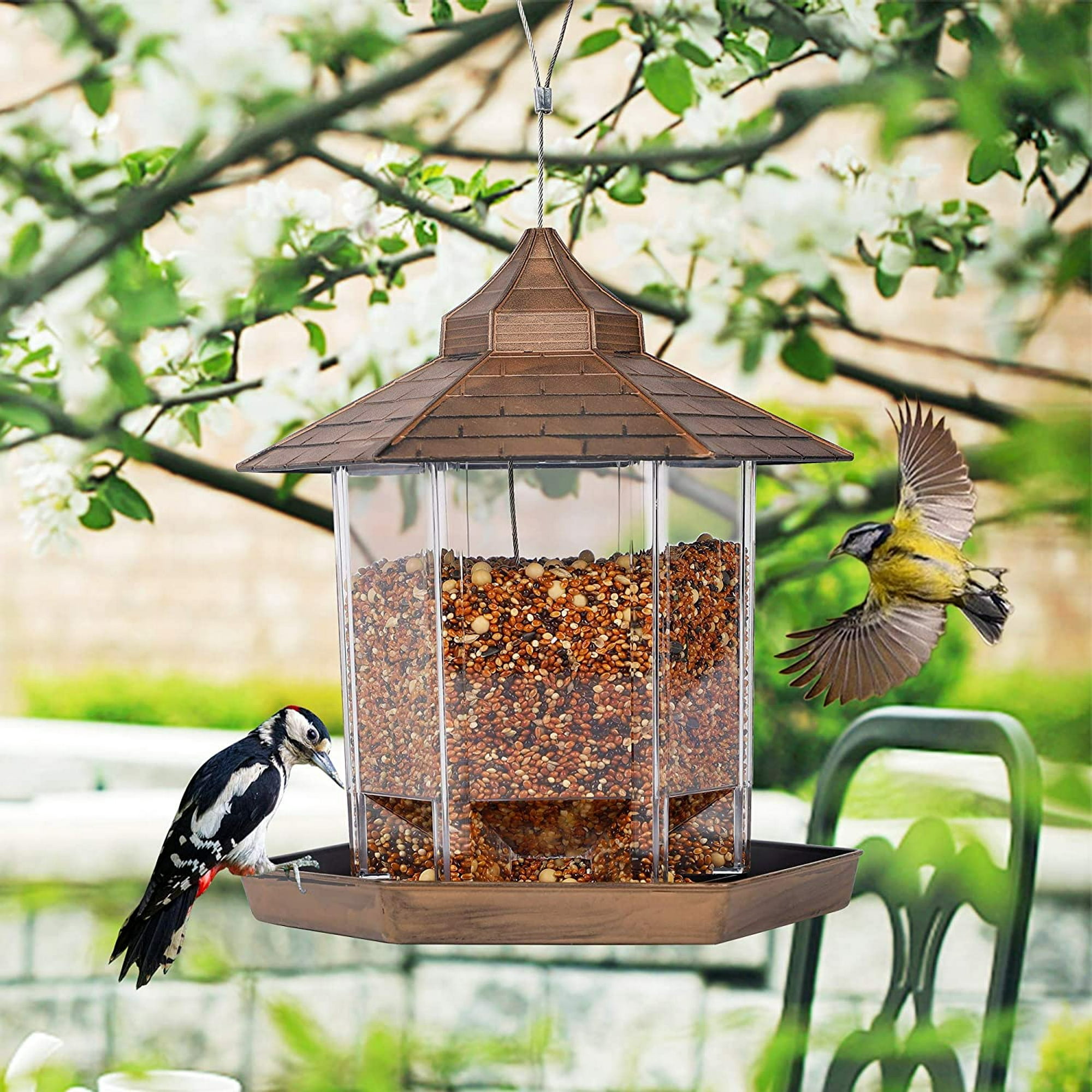 Twinkle Star - Comedero colgante para pájaros silvestres para decoración  exterior en jardín, diseño hexagonal con techo, verde