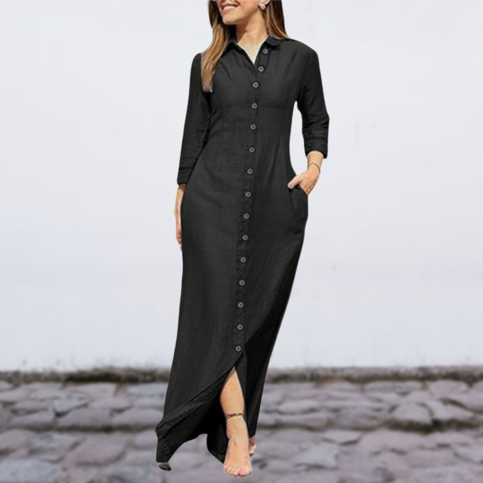 Vestido Vestido corto de línea A para mujer, vestido camisero de manga  larga con botones, vestido de playa de verano Ygjytge Negro T S para Mujer