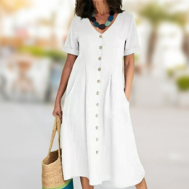 Vestido Largo De Mujer Vestido largo suelto de playa Falda con botones de y fruncido de cintura alta (Blanco S) Para estrenar | Walmart en línea