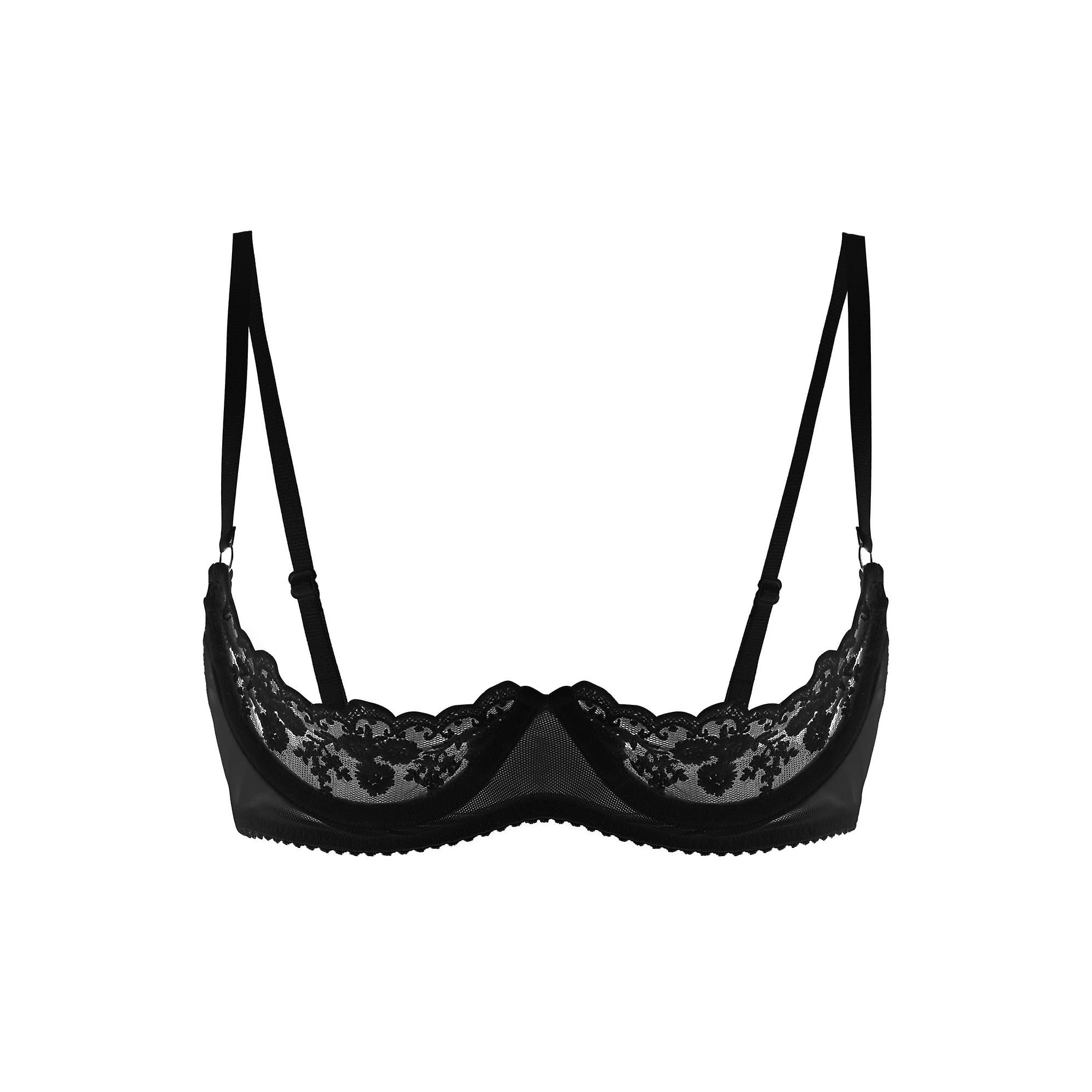 Womens 1/4 Cups Underwire Bra Halter Neck O Ring Sheer Lace Push
