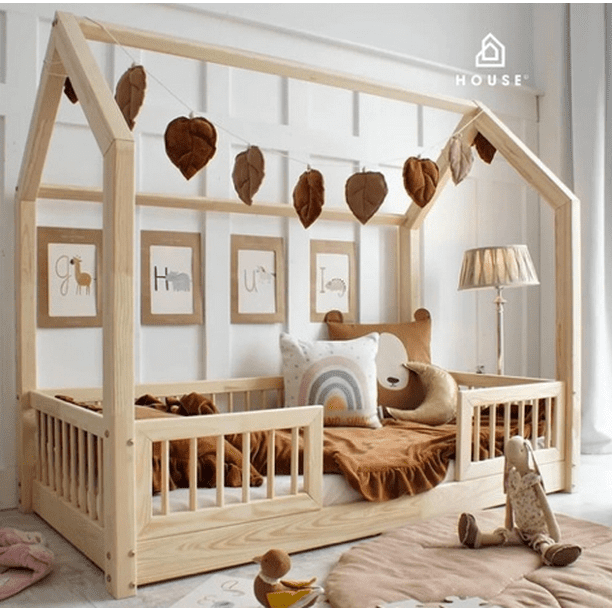 Cama Individual infantil de madera House Muebles Infantiles Montessori Wood