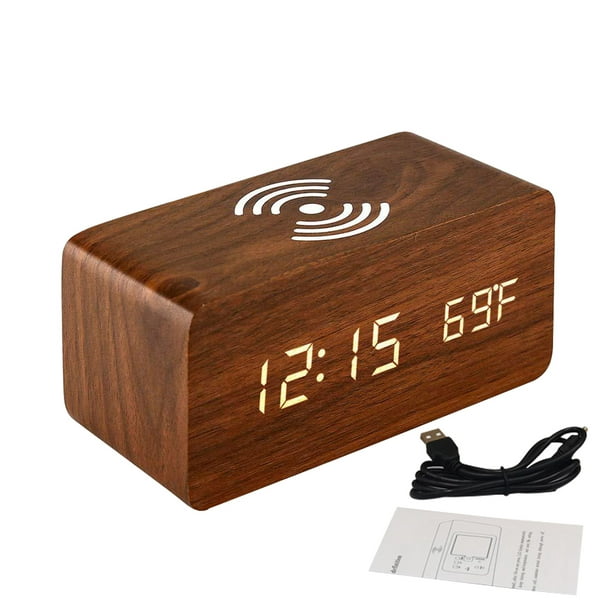 Reloj Despertador con Cargador Inalámbrico Negro PVC Madera MDF 15