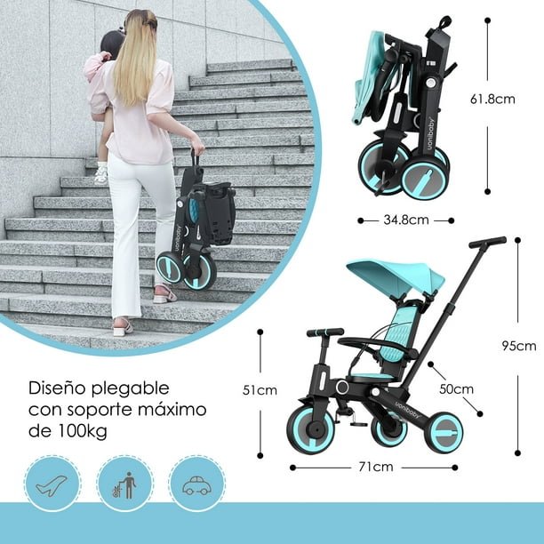 Triciclo para bebé 6 en 1 con mango ajustable de empuje, toldo extraíble,  arnés de seguridad, para usar desde 18 meses hasta 5 años de edad, color